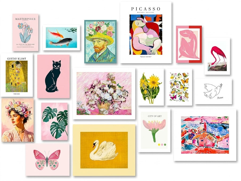 Poster-set overview of 18 art posters including Gustav Klimt’s The Kiss, florals, animals, stylized leaves and colorful landscapes.