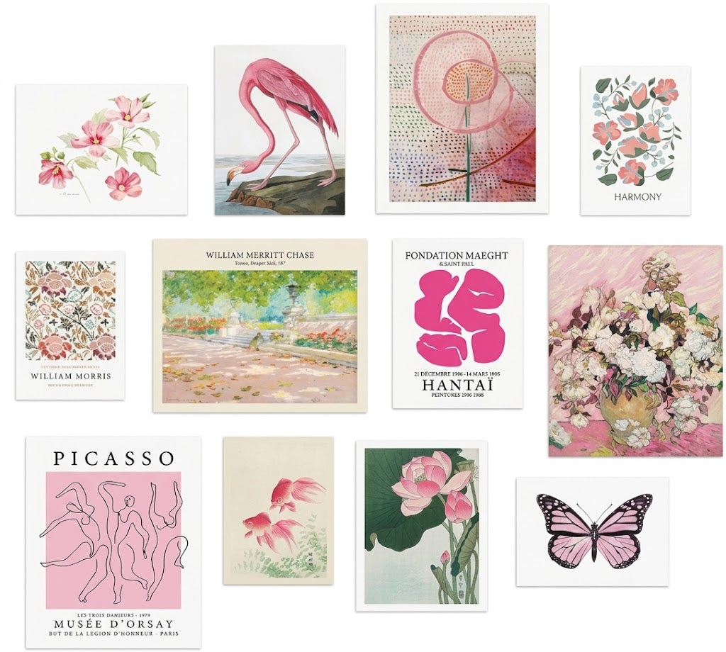 Harmony botanical poster set overview showing twelve floral, wildlife, garden, abstract and line-drawing art designs.
