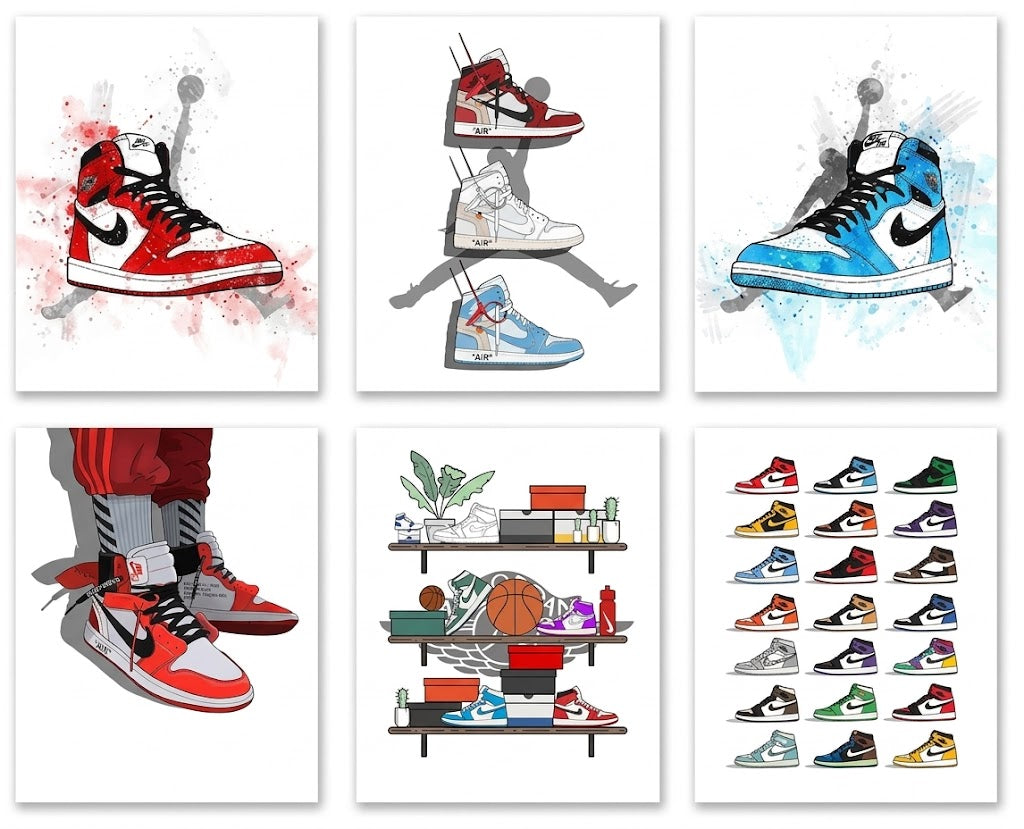 Poster set overview showing six portrait sneaker illustrations with high-tops, shoe shelves, a basketball silhouette, and colorful ink splatters.