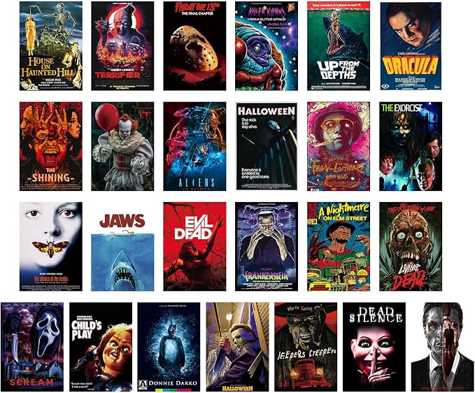 Horror film poster set of 25 shown as a four-row overview of colorful monster, killer, skull and haunted-character designs.