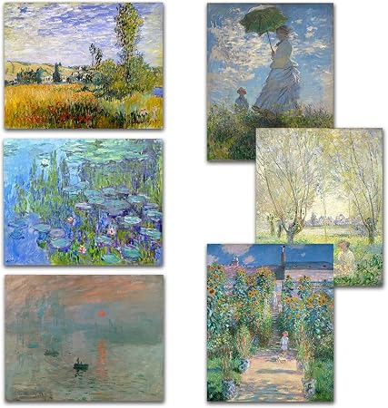 Poster set overview showing six impressionistic garden and landscape designs with flowering fields, water lilies, a parasol figure and harbor sunrise.