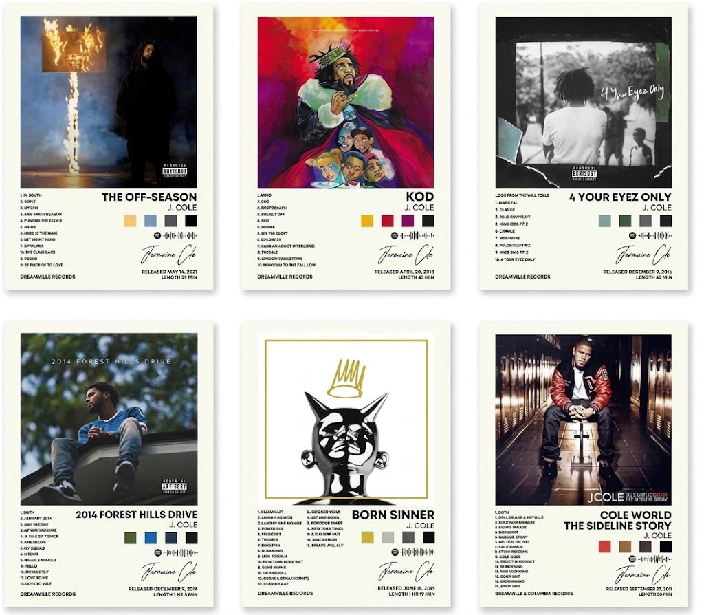 J. Cole poster set overview showing six vertical album-inspired designs with portraits, track lists, color blocks and graphic information panels.