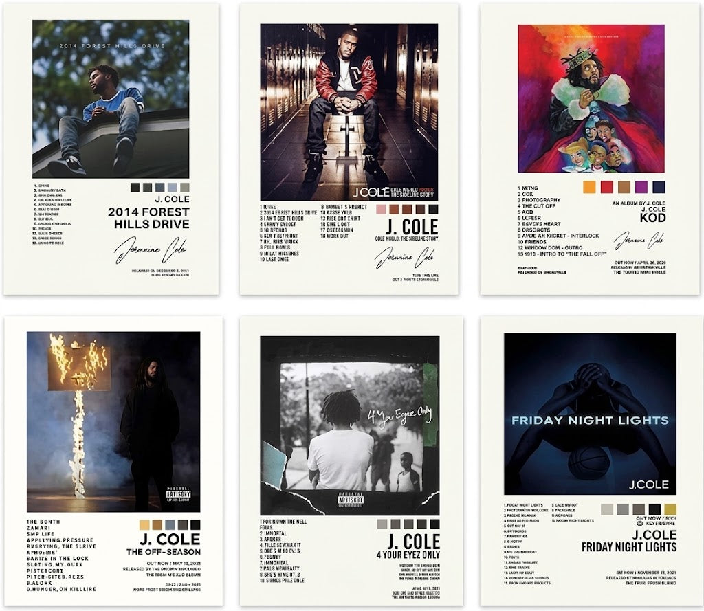 J. Cole set of 6 poster overview showing six portrait album-cover designs with tracklists, color swatches, and bold title typography.