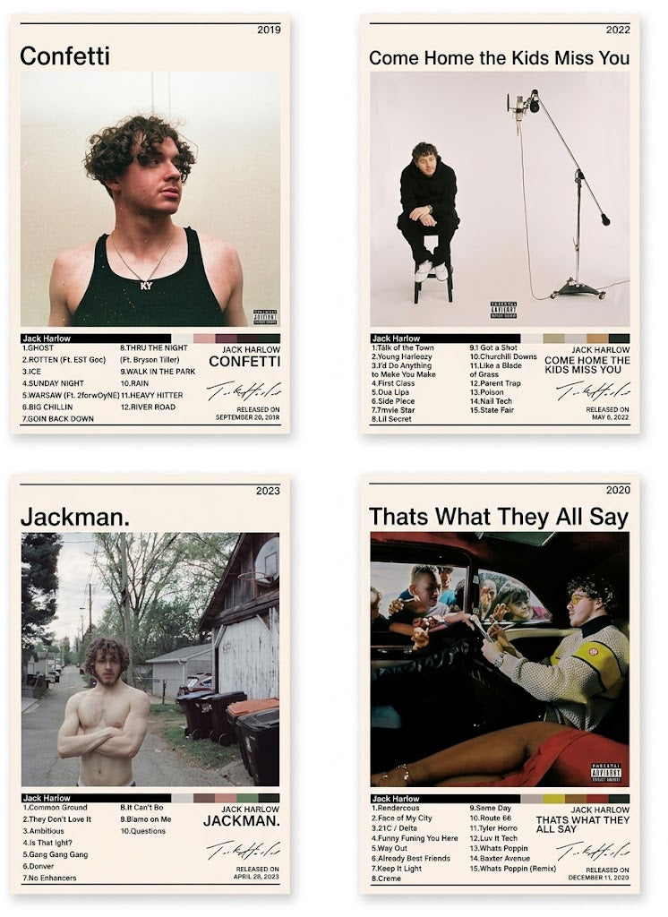 Jack Harlow poster set overview showing four portrait album-era designs with photographs, tracklists, titles, color swatches, and advisory labels.