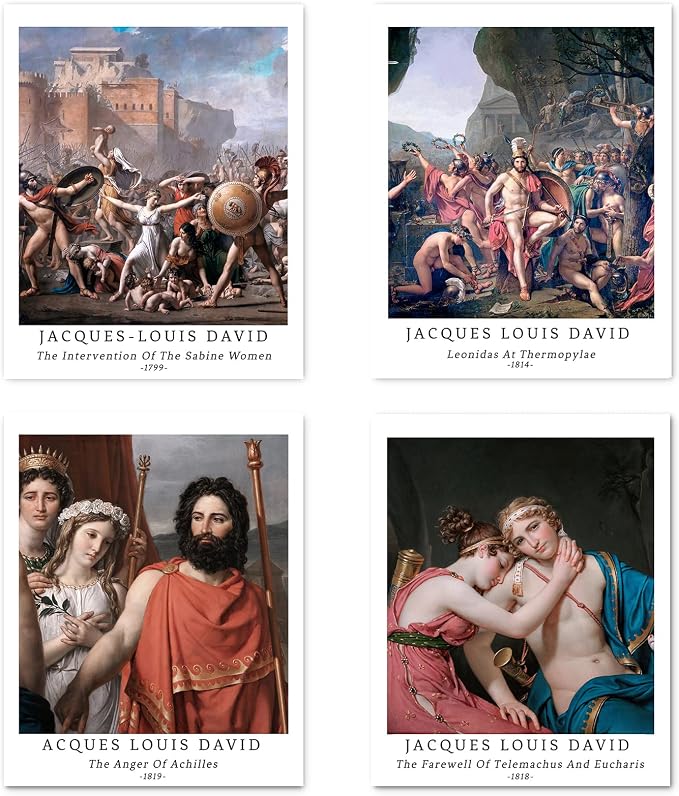 Jacques-Louis David Set of 4 poster overview showing four portrait classical painting reproductions with white caption bands.