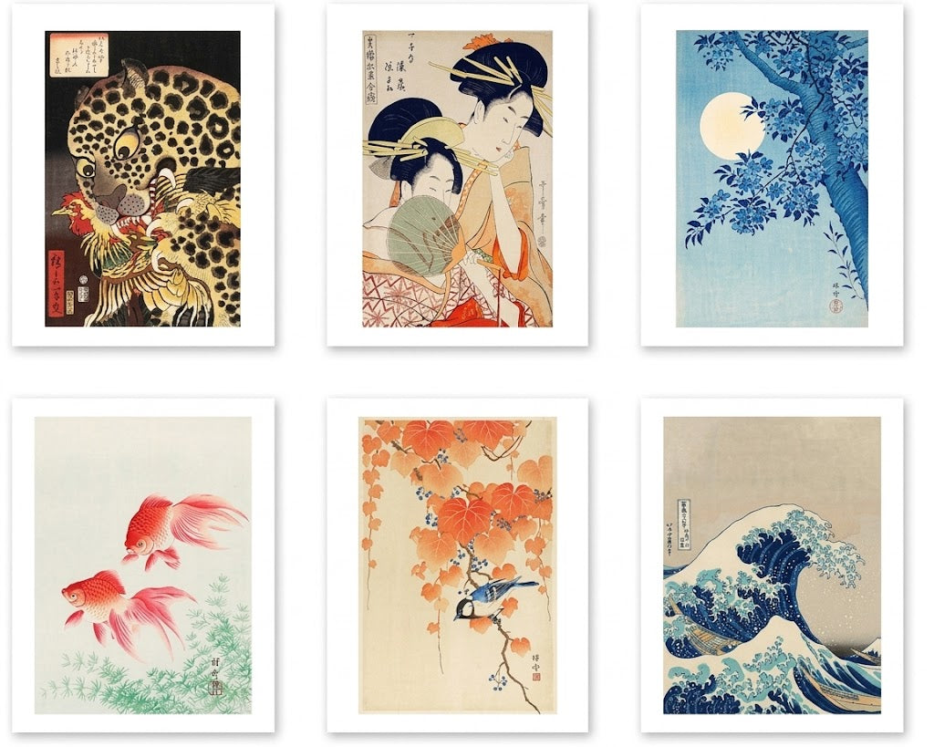 Poster-set overview showing six Japanese woodblock-style designs: a big cat, women, flowering tree, goldfish, bird, and breaking wave.