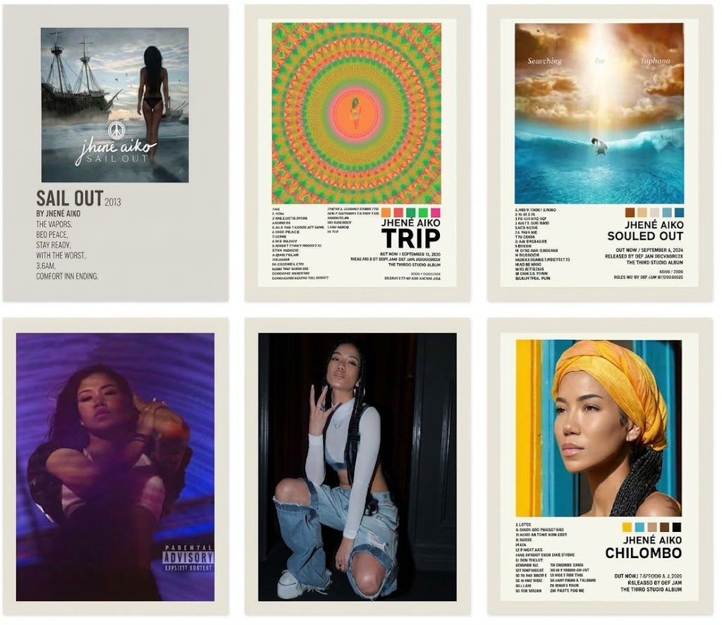 Overview of a six-piece Jhené Aiko poster set with portrait photos, album imagery, typography, and vivid color swatches.