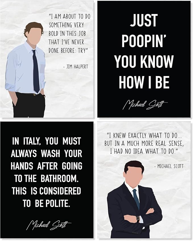 Poster set overview showing four Jim Halpert and Michael Scott quote designs with faceless office figures and bold white typography.