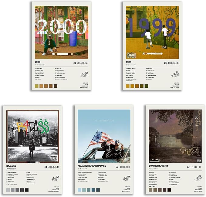 Overview of a five-piece Joey Bada$$ poster set with portrait album imagery and structured white editorial information panels.