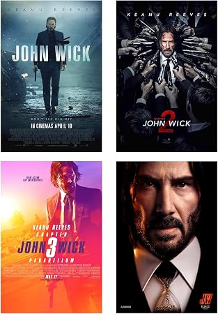 John Wick set of 4 poster overview showing four portrait action designs with rain, pointed guns, warm city color, and a close-up face.