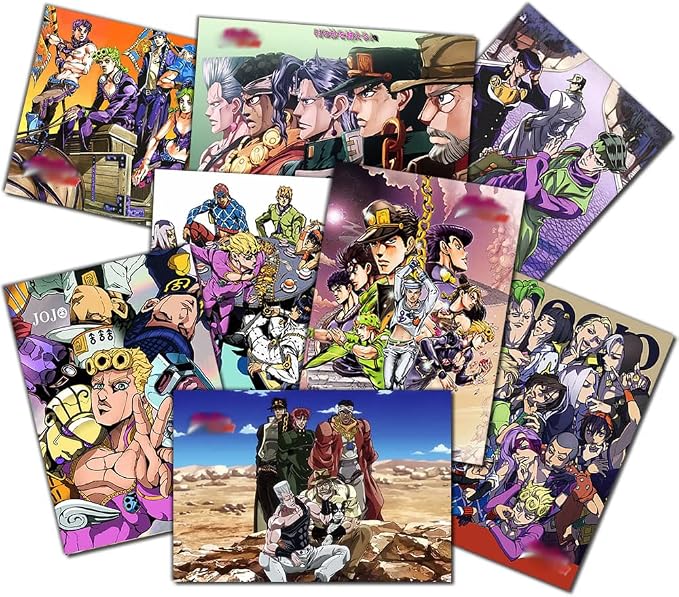 JOJO poster set overview showing nine colorful anime character designs with ensembles, close-up portraits, heroic poses, and action scenes.
