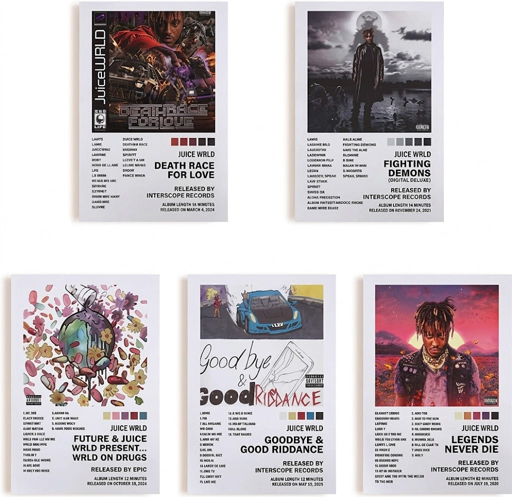 Poster set overview showing five Juice WRLD album-cover designs with square artwork, tracklist text, color swatches, and bold titles.