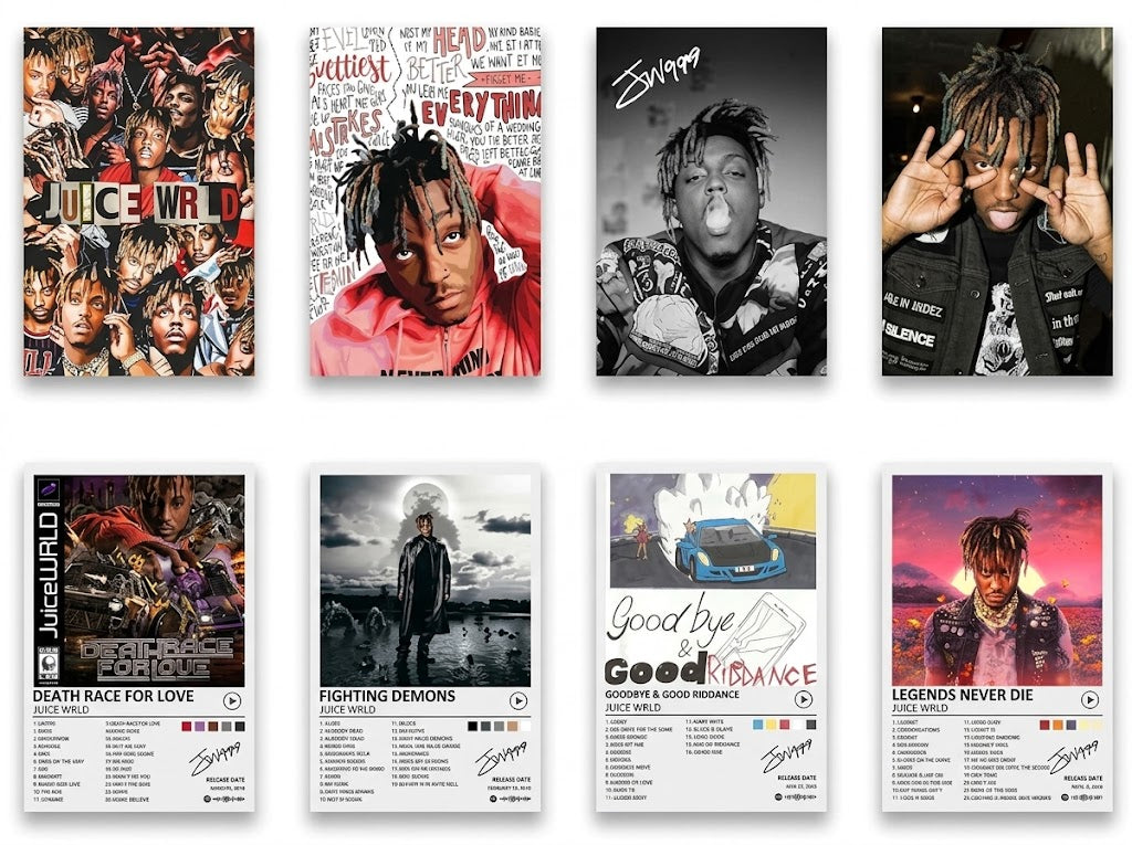 Poster-set overview of eight Juice WRLD designs with 999 portraits, album-inspired covers, tracklists, and bold red, blue, purple, black, and white artwork.