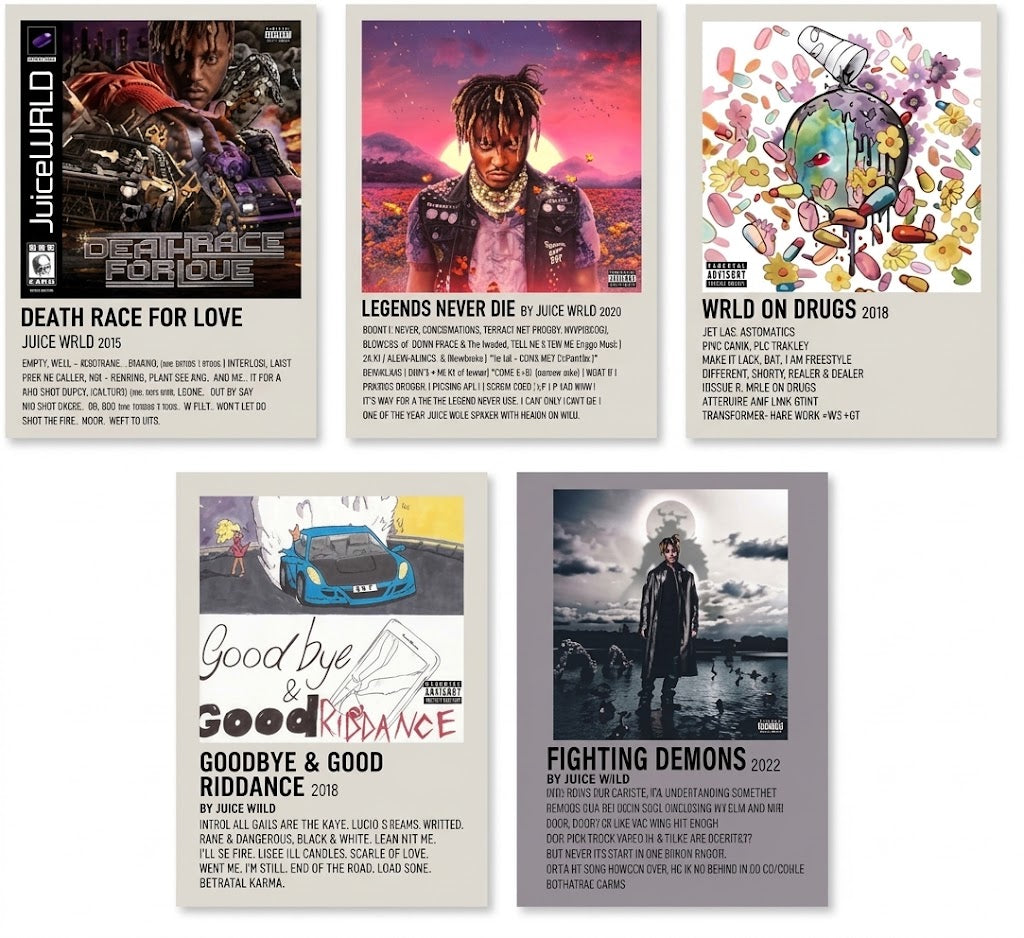 Juice WRLD poster set overview showing five portrait album-cover designs with colorful cover art and bold title blocks.