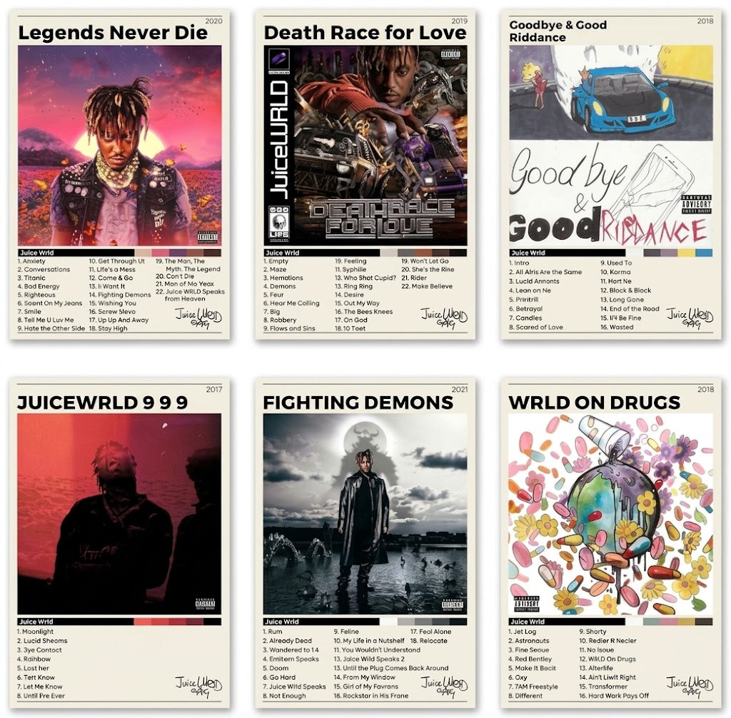 Overview of a six-piece Juice WRLD poster set with album-cover designs, title headers, year labels, and track-list panels.