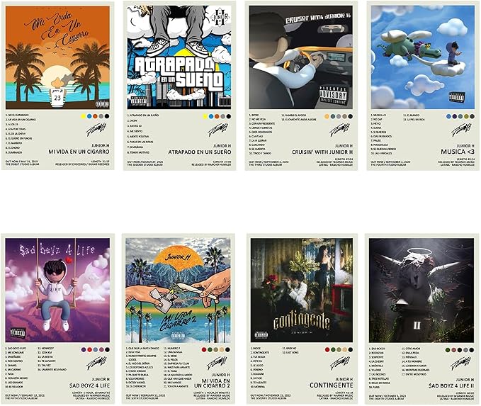 Overview of the Junior H poster set of eight portrait designs with illustrated covers, cream information panels, and colorful release-inspired graphics.
