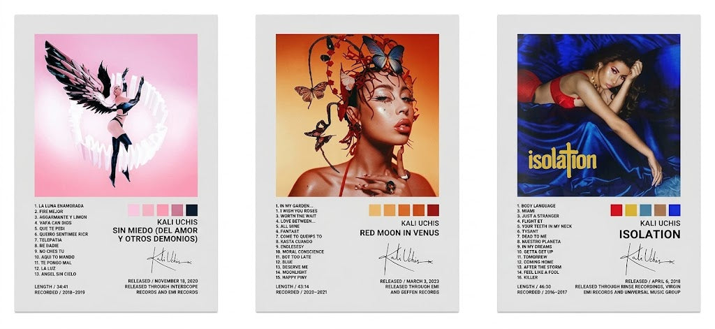Kali Uchis set of 3 poster overview showing Sin Miedo, Red Moon In Venus, and Isolation album-art designs side by side.