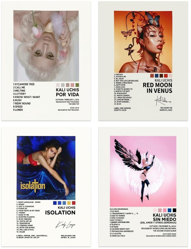Overview of Kali Uchis poster set of four portrait album-themed designs with cover art, track lists, and color swatches.