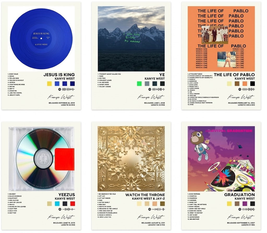 Overview of a Kanye West poster set of six portrait album-art designs with vivid color fields, central imagery, and editorial text.