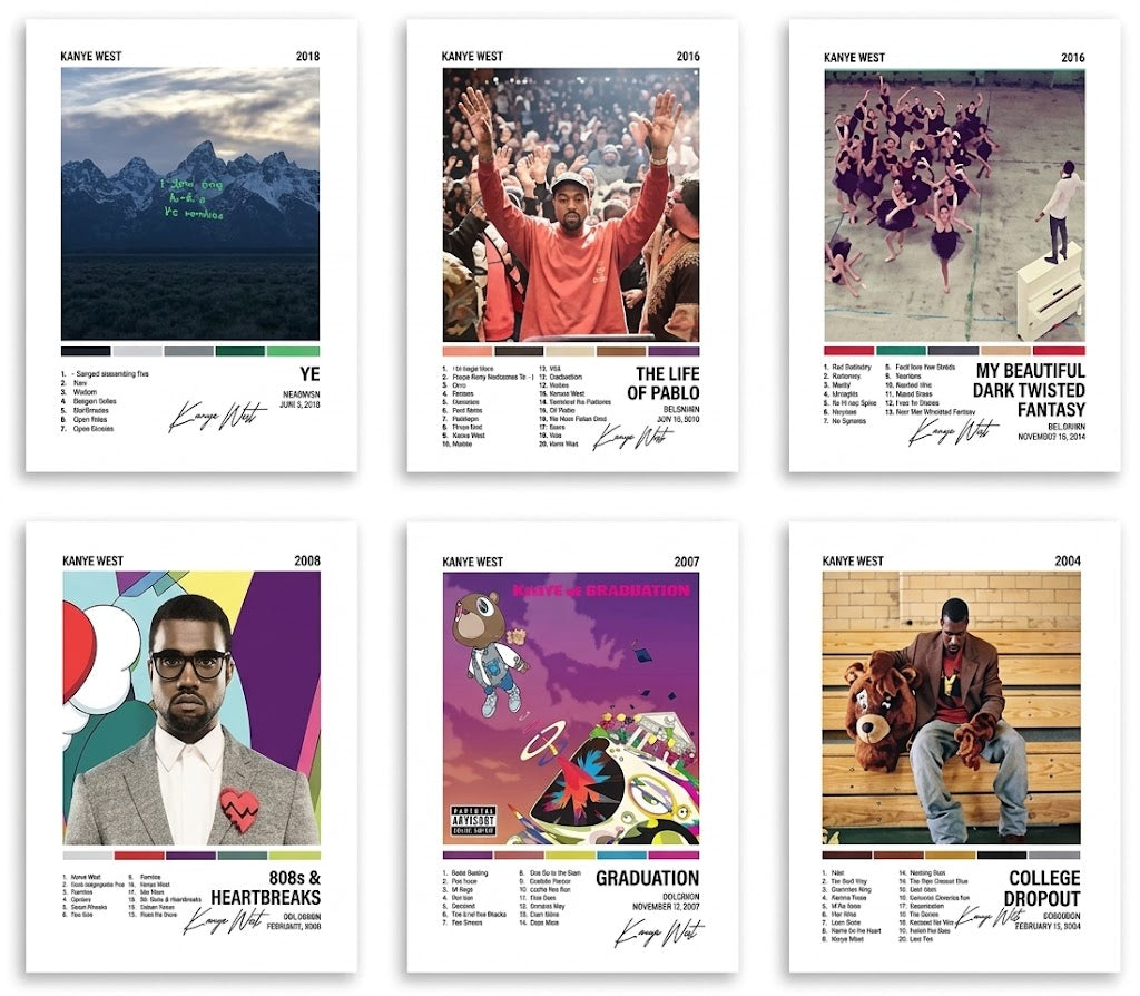 Poster set overview showing six white-bordered Kanye West album artwork designs with cover images, color bars, and typographic details.