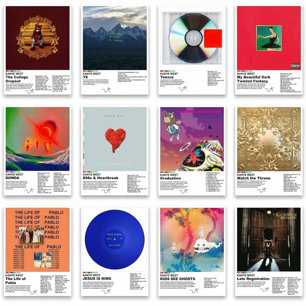 Kanye West poster set overview showing 12 portrait album-cover designs in a 3-by-4 grid with white editorial text layouts.