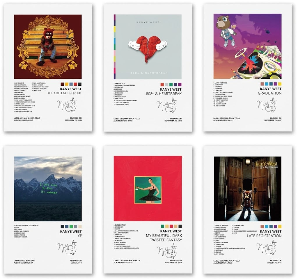 Kanye West album cover poster set overview showing six portrait designs with reproduced covers, track lists, color swatches, and bold typography.