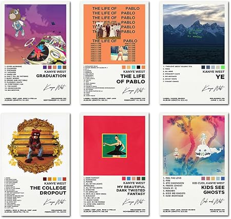 Kanye West poster set overview showing six vertical album-inspired designs with colorful cover art and black track-list typography.