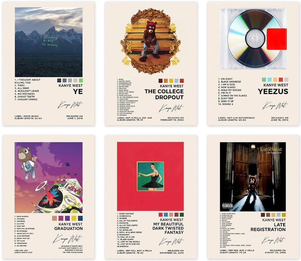 Kanye West album information poster set overview showing four portrait editorial designs with cover imagery, track lists, color chips and signatures
