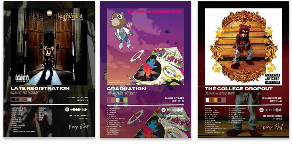 Kanye West poster set of three showing College Dropout, Late Registration and Graduation bear-themed album-cover-inspired designs side by side.