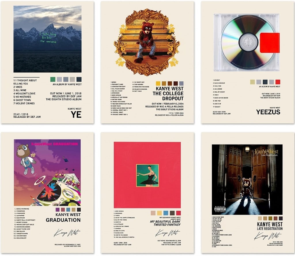 Kanye West album cover poster set overview showing six individual portrait designs with cover imagery, typography, and color swatches.