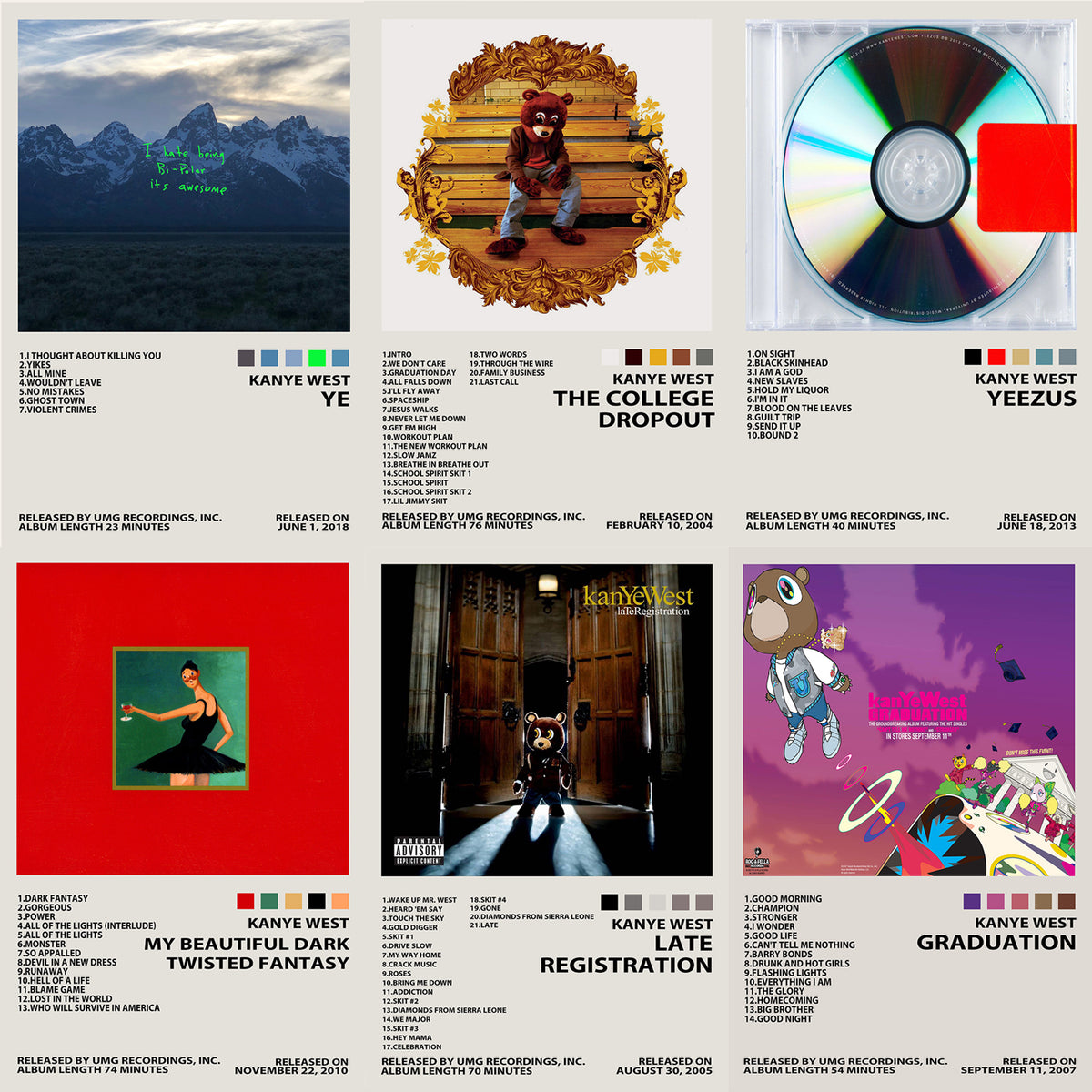 Kanye West poster with six album-cover panels, black editorial typography, color swatches and a warm light-gray background.