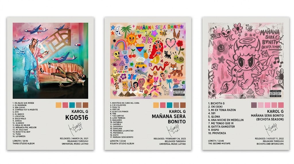Karol G album art poster set overview showing three vertical designs for KG0516, Mañana Será Bonito, and Bichota Season.