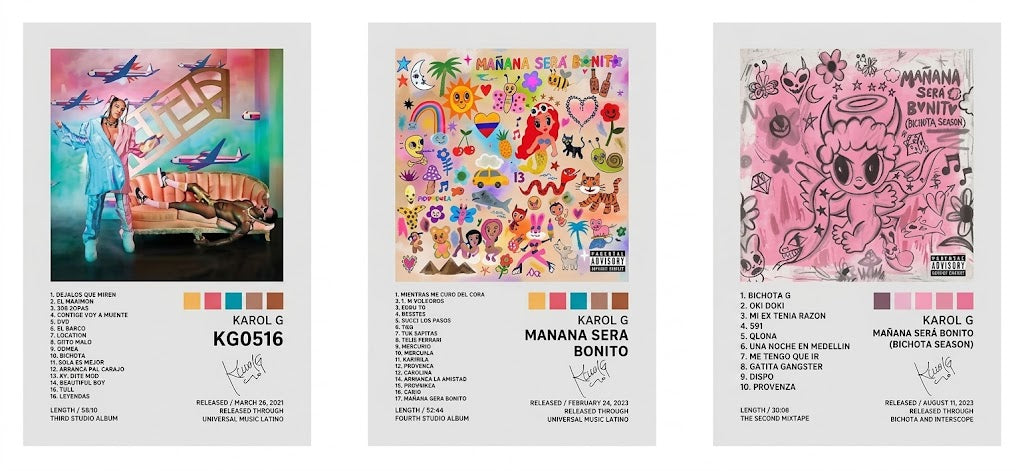 Karol G set of three poster designs on white, featuring surreal pastel cover art, colorful sticker imagery and a pink doodle character.