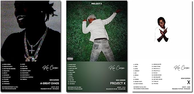 Ken Carson poster set overview showing three individual A Great Chaos, Project X and X album-style portrait designs side by side.