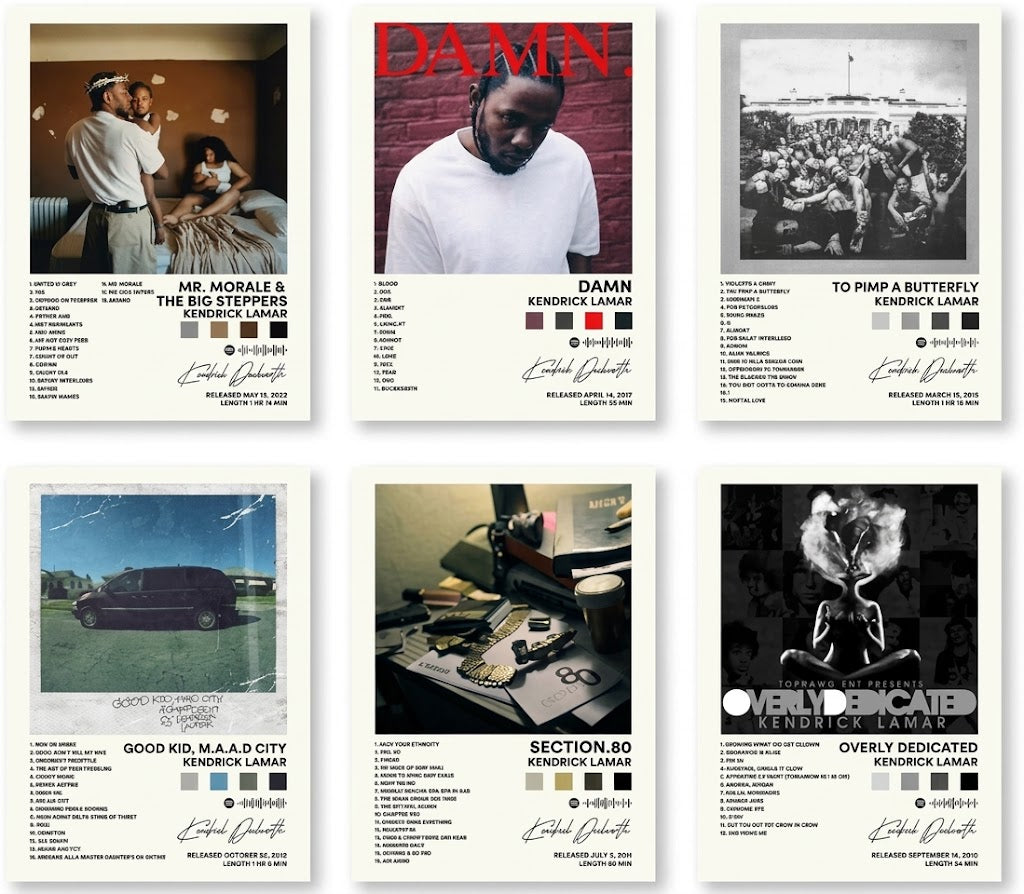 Kendrick Lamar poster set overview showing six portrait album-inspired designs with cover art, track lists, waveforms and muted color blocks.