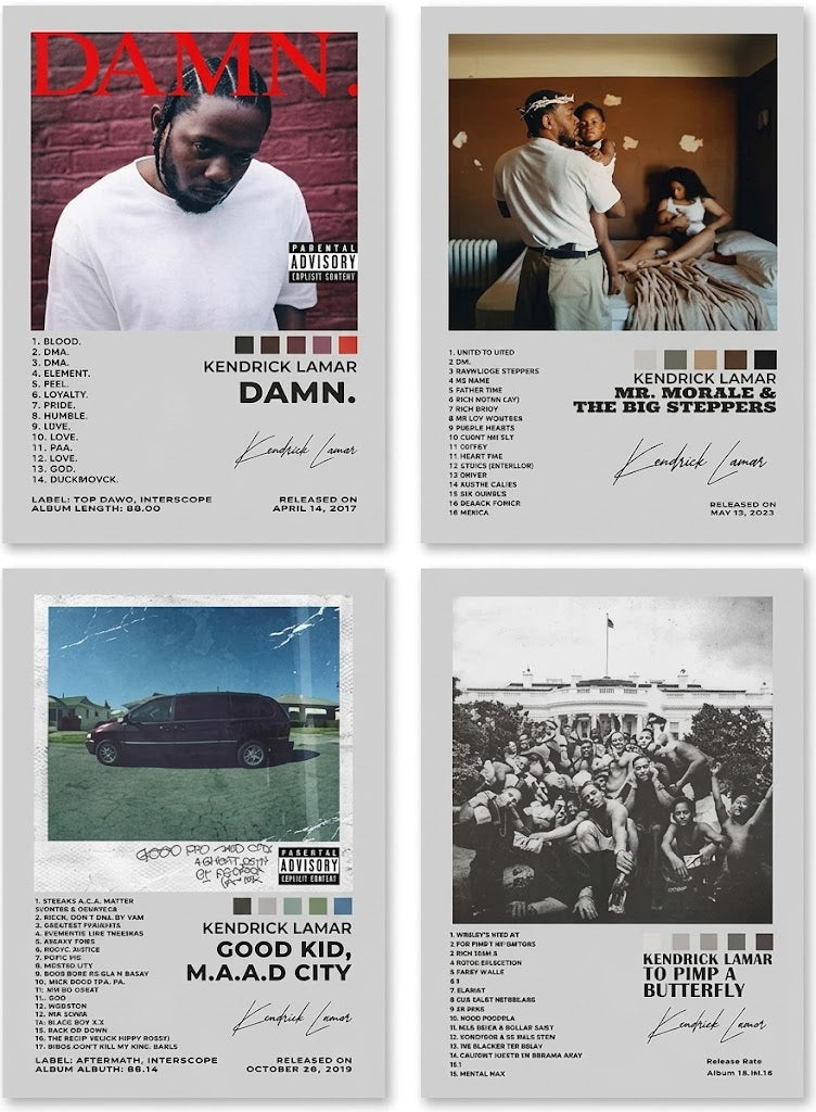 Kendrick Lamar poster set of four portrait album-information designs with cover art, track lists, color swatches, and signatures in a 2×2 layout.