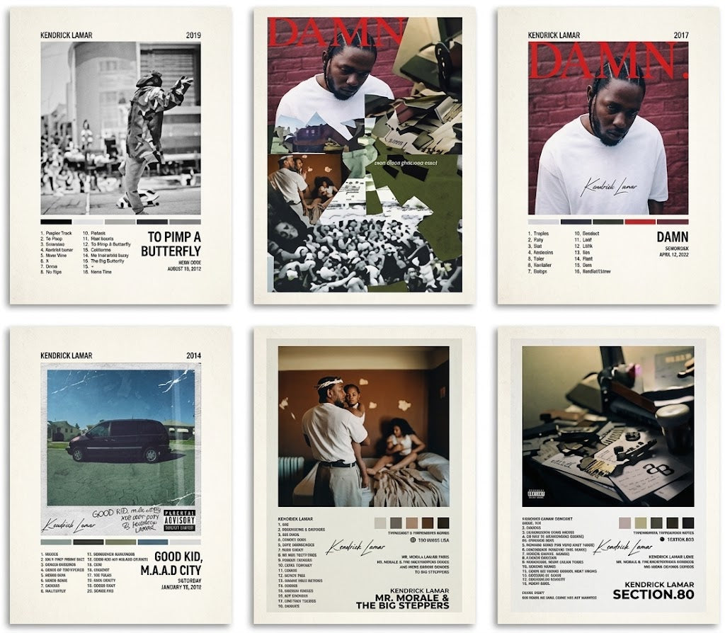 Kendrick Lamar poster set overview showing four portrait album-art designs with cover images, track lists and bold editorial titles.