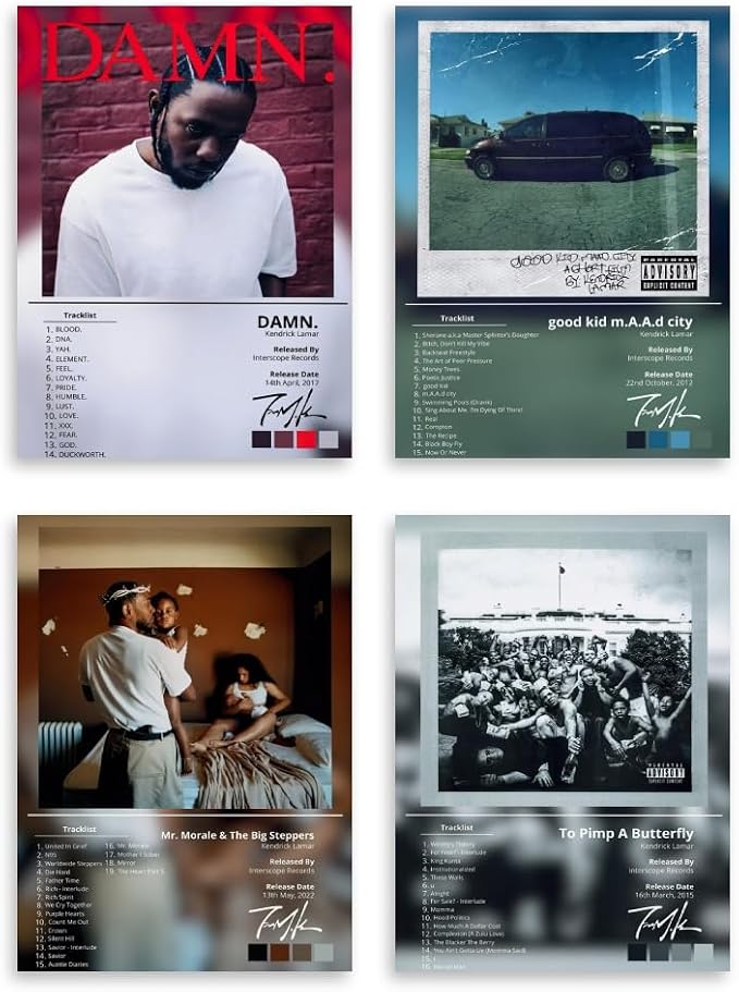 Kendrick Lamar poster set overview showing album-inspired portrait, minivan, bedroom, and crowd designs with typographic panels.