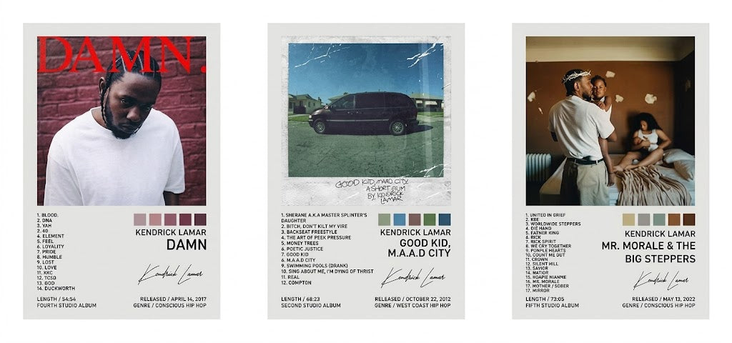 Poster print: Overview of a Kendrick Lamar set of three posters with album images, release details, track lists, color swatches, and editorial typography.