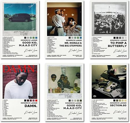 Overview of a Kendrick Lamar poster set of six portrait album-art designs with cover panels, track lists, and white lower fields.
