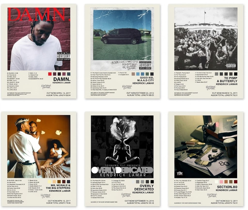 Kendrick Lamar poster set overview showing six portrait album-cover designs with cover art, metadata blocks and colorful editorial details.
