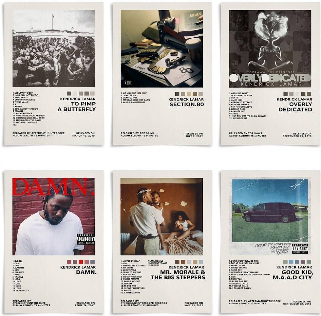 Kendrick Lamar poster set overview showing six portrait album designs with cover imagery, track lists, color swatches and editorial typography.