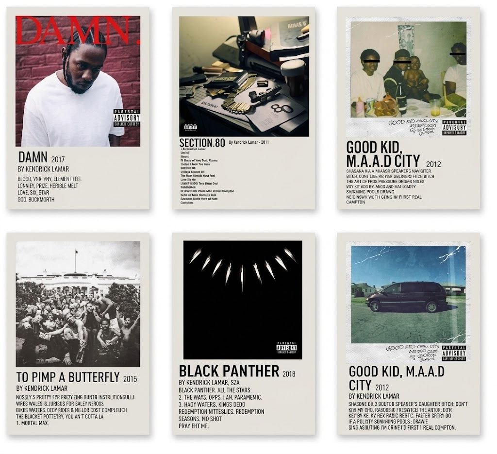 Kendrick Lamar album typography poster set overview showing six portrait designs with album imagery, dates, track-list text and advisory labels.