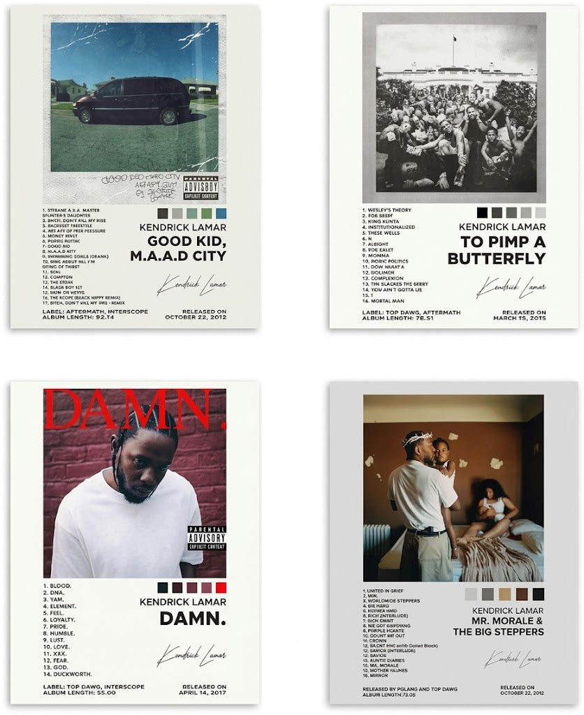 Kendrick Lamar set of four poster designs showing album images, track lists, color swatches, and white editorial layouts.
