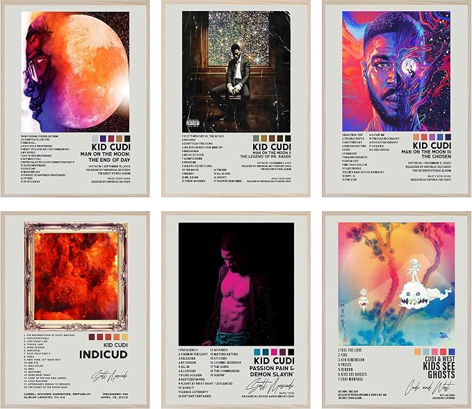 Kid Cudi album art poster set overview showing six portrait designs with square cover images, track-list typography and vivid color palettes.