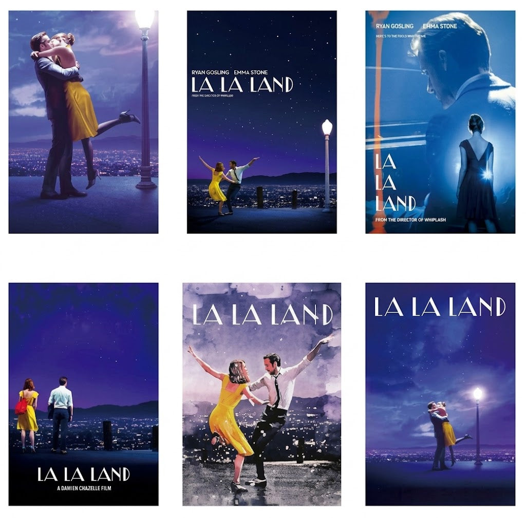 La La Land poster set overview showing six vertical designs with dancing couples, glowing streetlamps, city lights and starry blue night skies.