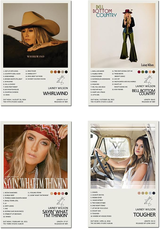 Lainey Wilson poster set overview showing four portrait-format album designs for Tougher, Sayin' What I'm Thinkin', Bell Bottom Country, and Whirlwind.