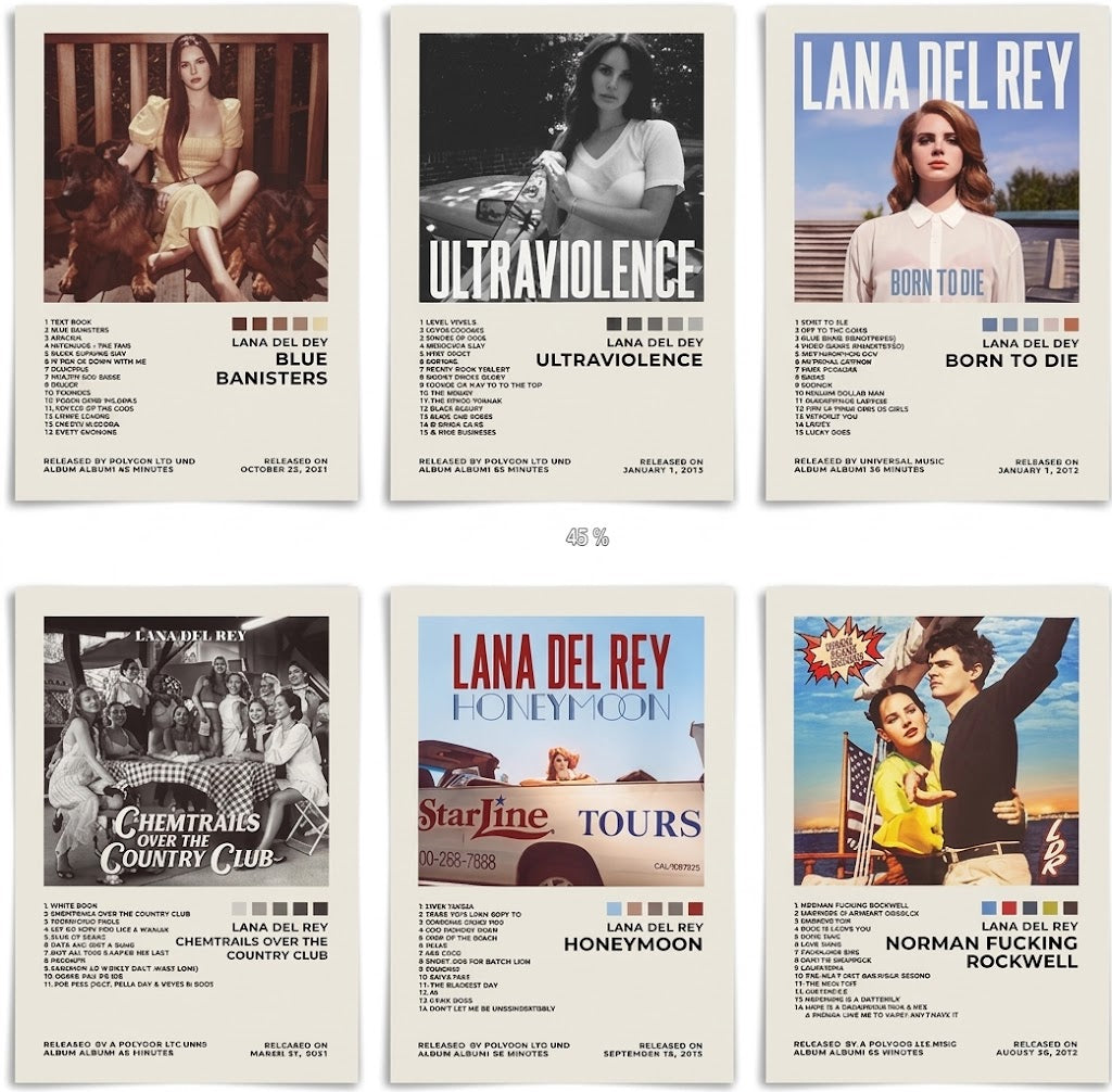 Lana Del Rey album art set of 6 poster overview showing six vertical designs with photographs, retro scenes, tracklist-style text and color swatches.
