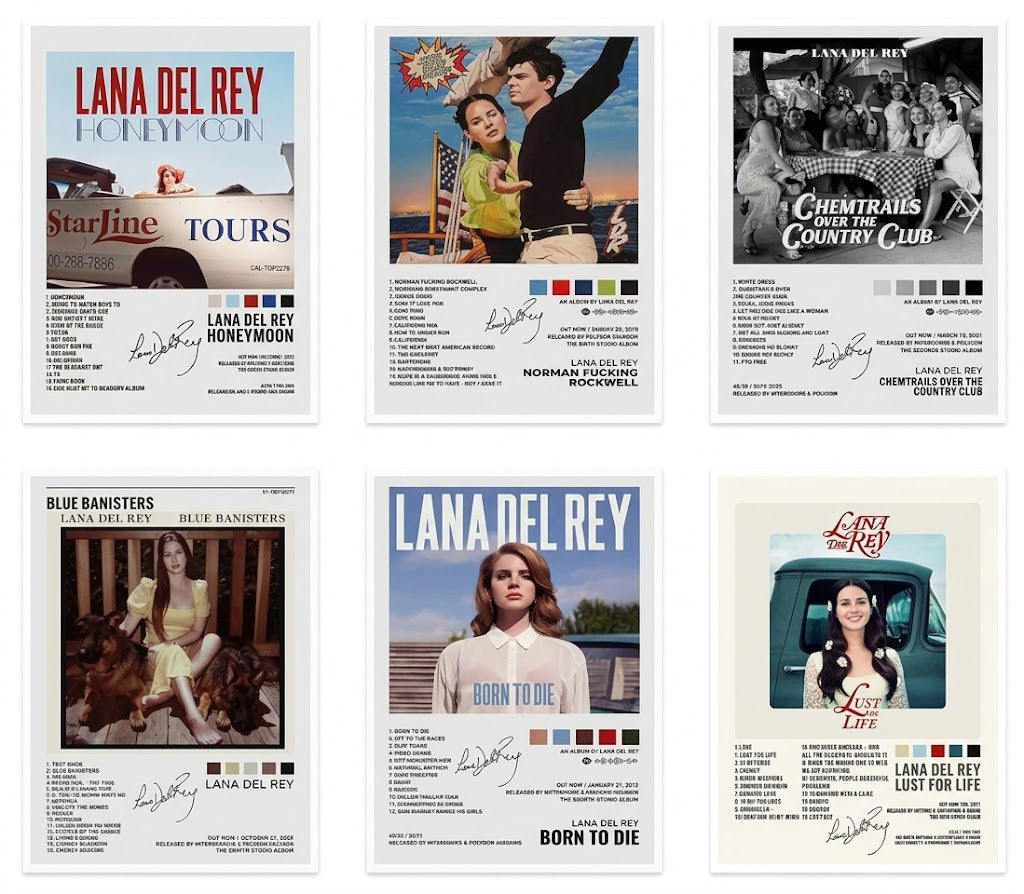 Lana Del Rey poster set overview showing six portrait album-inspired designs with imagery, track lists, signatures, and color blocks.