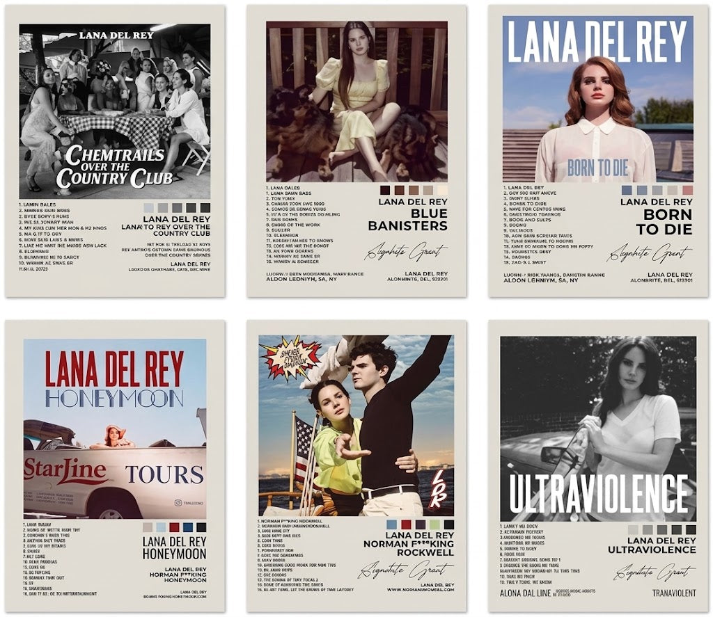 Lana Del Rey set of six poster overview showing six portrait album-inspired designs with photographs, title typography, swatches, and tracklist panels.